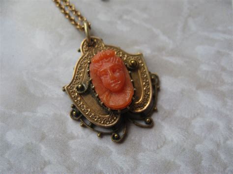 Victorian 10 K Coral Cameo Necklace Fine Estate Jewelry From