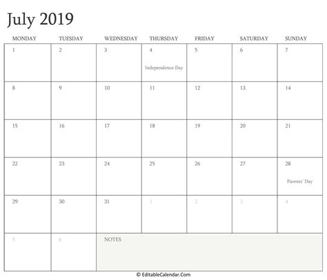 Download July 2019 Editable Calendar With Holidays Word Version