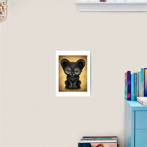 Cute Baby Black Panther Cub Wearing Glasses On Brown Art Print For