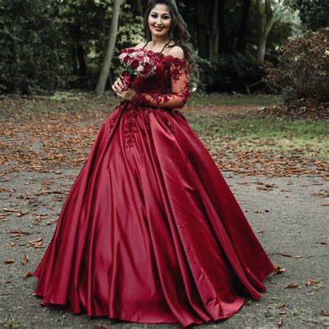 Luxury Lace Beaded Long Sleeves Dubai Dark Red Wine Wedding Dresses B