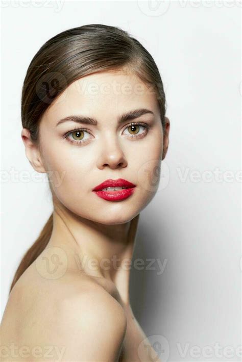 Beautiful Woman Nude Shoulders Red Lips Sensual Model Stock