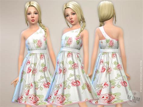 The Sims Resource Rose Print Dress For Girls By Lillka • Sims 4 Downloads