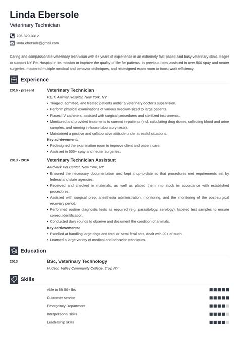 Making a vet assistant resume with no prior experience in hand is somewhat tricky. veterinary technician resume example template iconic | Job ...