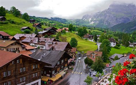 Wallpaper Grindelwald Switzerland Town Road Valley Mountains