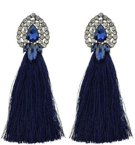 romwe blue bohemian style colorful water drop crystal tassel long dangle earring long dangle