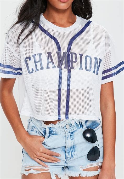 Missguided White Mesh Champion Graphic Cropped T Shirt Womens Tops Sweatshirt Shirt Plus