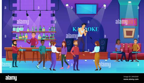 Karaoke Nightlife Bar Vector Illustration Cartoon Flat Man Woman