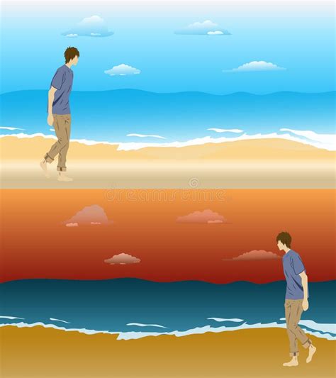 A Man Walking On The Beach In The Day Time And Night Time Stock Vector