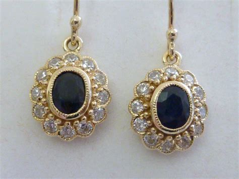 Vintage Sapphire Earrings With Diamonds Solid Gold 9ct 9k 14k Etsy