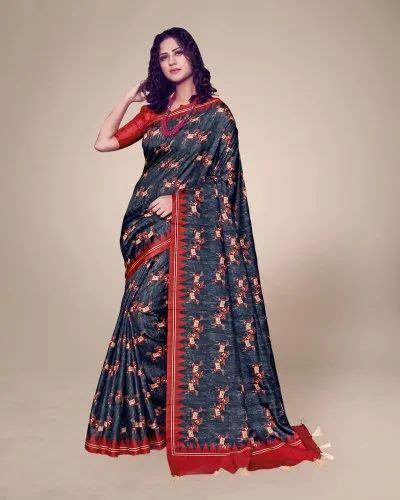 Silk India Navy Blue Digital Printed Sarees With Blouse Piece 55 M Separate Blouse Piece At