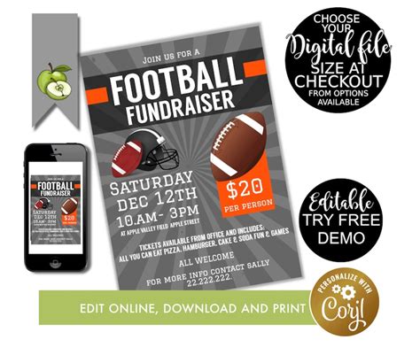 Football Fundraiser Flyer Football Tournament Poster School Etsy