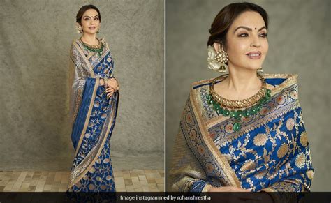 Nita Ambanis Glorious Blue And Gold Saree Was Colour Blocked With A