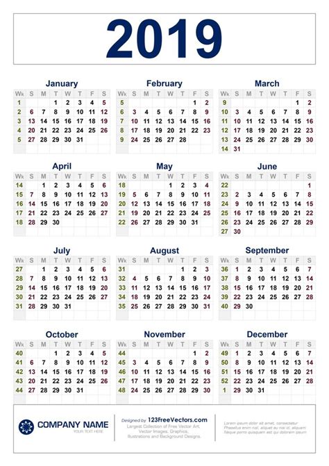 Free Download 2019 Calendar With Week Numbers Calendar With Week