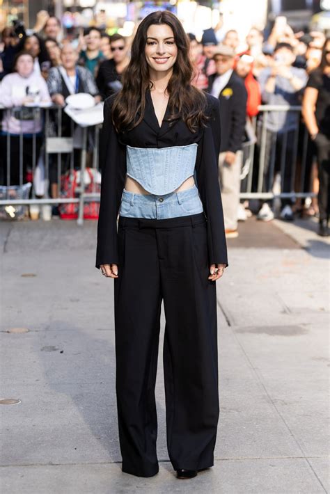 Anne Hathaway Wears Denim Pantsuit Hybrid In Nyc Us Weekly