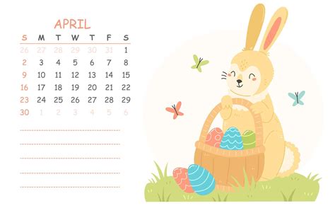 April Childrens Calendar For 2023 With An Illustration Of A Cute