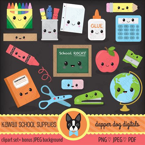 Kawaii School Supplies Clipart Pack Commercial Use Vector Images