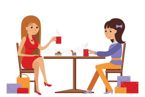 Two Beautiful Women Talking At Coffee Shop While Drinking Stock Vector