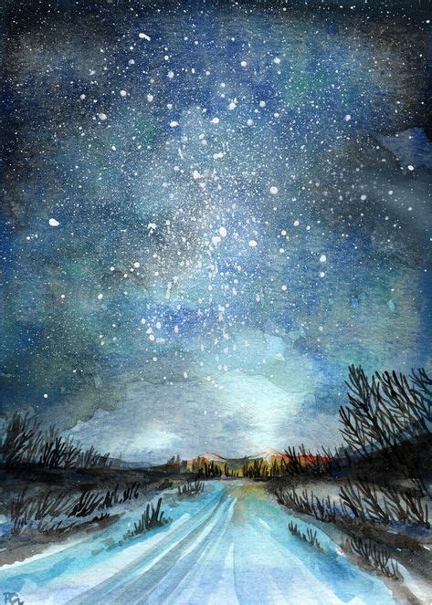 Original Starry Night Landscape Watercolor Painting Winter Road 5x7 By
