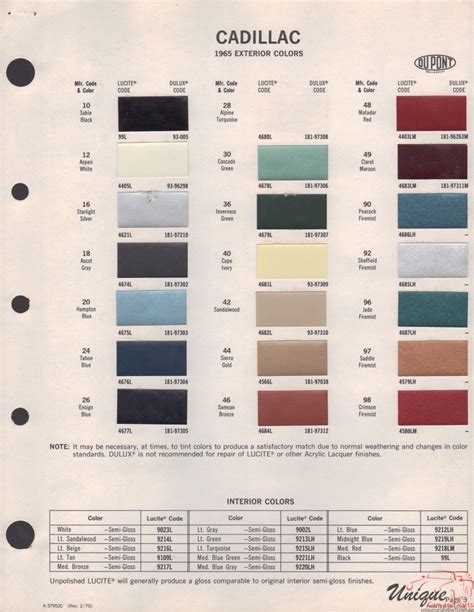 Cadillac Paint Color Chart
