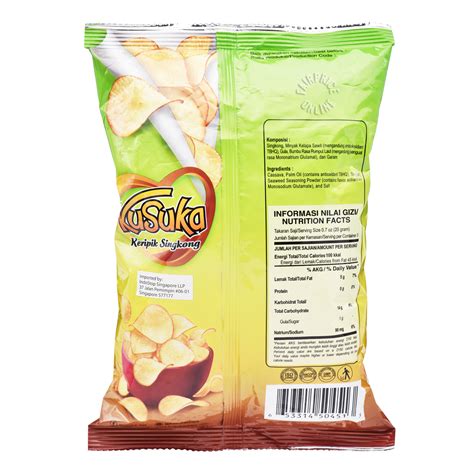 Keripik singkong kusuka dibuat dari singkong pilihan, pada usia yang sama, singkong dipanen, diiris dengan ketebalan yang sama dan diproses dengan teknologi modern. Kusuka Keripik Singkong Cassava Chips - Seaweed | NTUC FairPrice