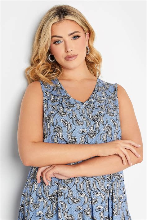 Yours Plus Size Blue Floral Pleat Front Vest Top Yours Clothing