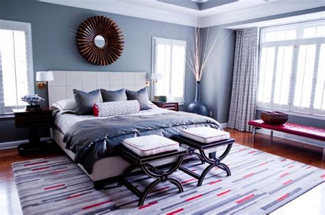 Gray black and red bedroom color scheme. mAster bed color scheme, Smokey Blue walls, black/white ...