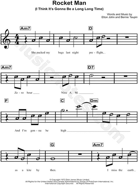 Free piano sheet music for rocket man by elton john. Elton John "Rocket Man" Sheet Music for Beginners in C ...