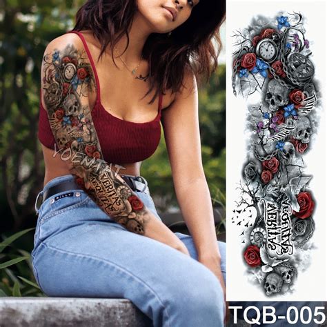 New 4817cm Full Flower Arm Tattoo Sticker Color Text Skull Roses