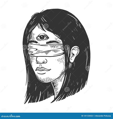 blindfolded girl with three eyes engraving vector stock vector illustration of drawing human