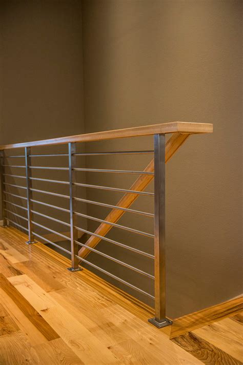 Stainess Steel And Maple Wood Railing Midcentury Staircase Kansas