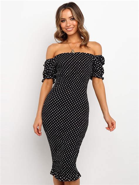 weiße figurbetonte kleider polka dot muster bateau neck plissee offene schulter lässig kurze