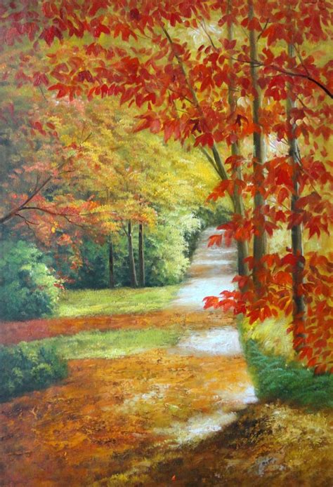 Framed A Peaceful Path Under Golden Autumn Trees Oil Painting Landscape