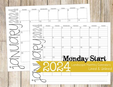 2024 Monday Start Lined And Unlined Monthly Calendars 8 5x11 Landscape Jan Dec Printable Download