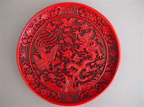Old Chinese Cinnabar Lacquer Dragon Phoenix Decorative Plate 8