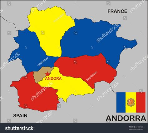 The flag is divided into 3 equal lengths, blue on the left, yellow on the middle and red on the right. Political Map Of Andorra Country With Flag Stock Photo ...
