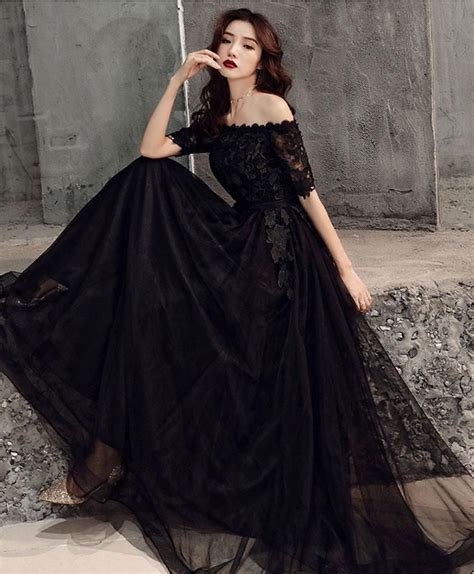 elegant black tulle lace long prom dress black tulle evening dress in 2020 tulle evening