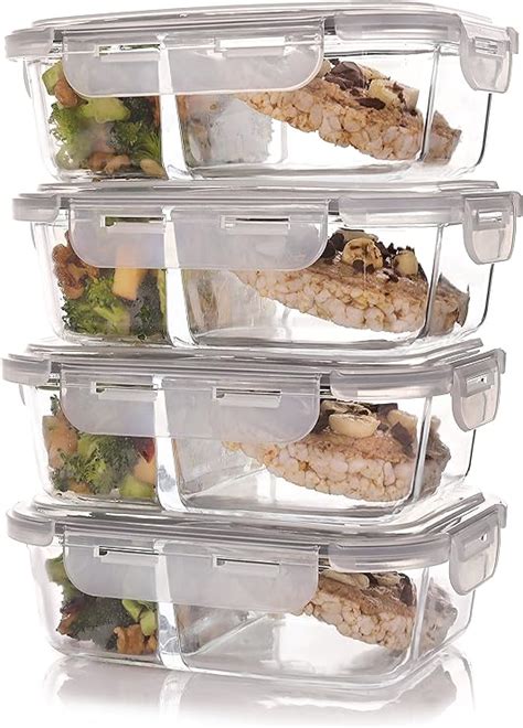 Set Of 4 Divided Glass Meal Prep Containers Food Storage Containers
