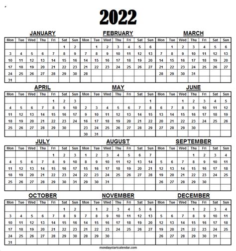 2022 Calendar Excel Format Starting Monday Free Calendar Pages Images