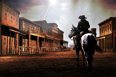 A Cowboy Arrives Old West Townin Time Of A Storm And Lightnings In The