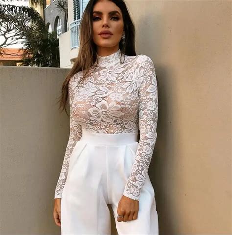 new elegant women white lace bodysuits 2018 sexy long sleeve see through jumpsuit party clubwear