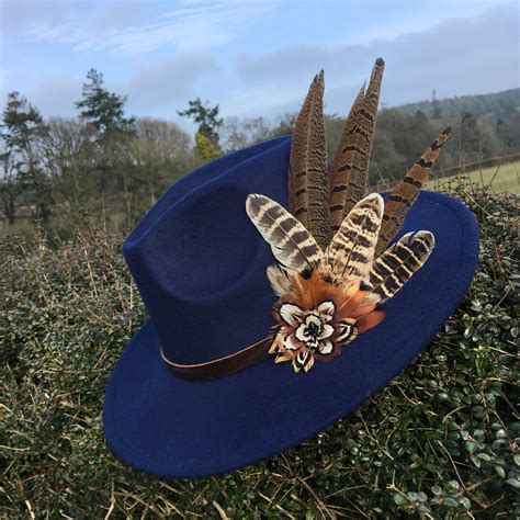 Navy Felt Fedora With Game Bird Feather All Dunn Up Bespoke Ladies Hats