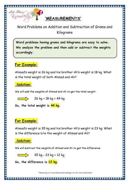 Grade 3 Maths Worksheets 127 Word Problems On Grams And Kilograms