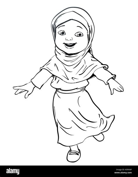 Hand Drawing Happy Muslim Girl Make Running Pink Dress
