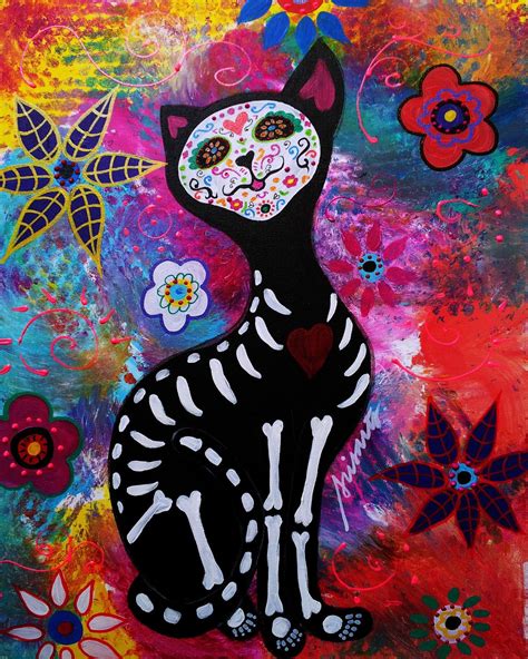 Mexican Folk Art Day Of The Dead Cat Meow Painting By Prisarts 2500