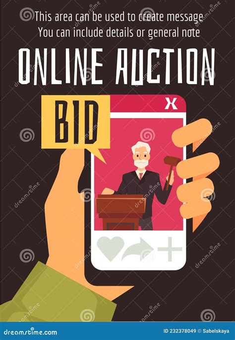 Online Auction Poster With Hand Holding Smartphone Flat Vector