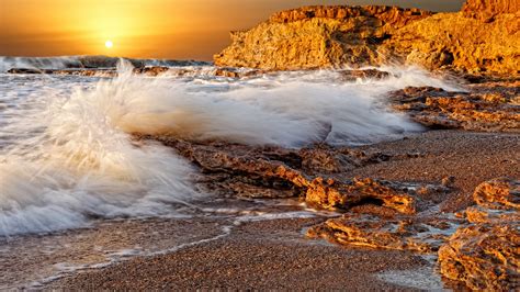 Rocks Sun Rock Yellow Beautiful Sunset Clouds Sea Wave Beach Sand Splendor Beauty