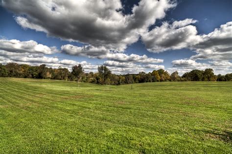 Green Grass Meadow Surrounded With Trees Under Cloudy Sky Hd Wallpaper