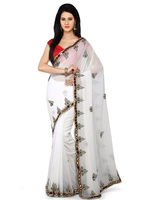 Buy White Georgette Saree Embroidered Sari Online Shopping Sadsfcns2110
