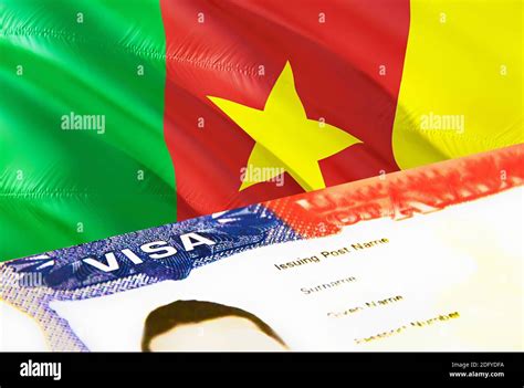 Cameroon Immigration Document Close Up Passport Visa On Cameroon Flag