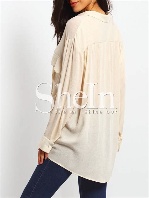 Apricot Long Sleeve Pockets Lace Up Blouse Sheinsheinside